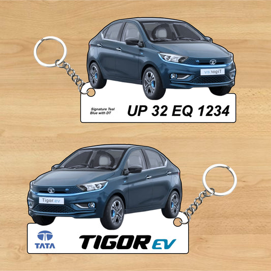 Tigor EV - Personalized Tata Electric Car Keychain - Wood, Acrylic, Metal Printed