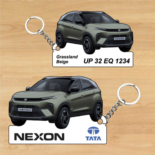 Nexon - Personalized Tata Car Keychain - Wood, Acrylic, Metal Printed