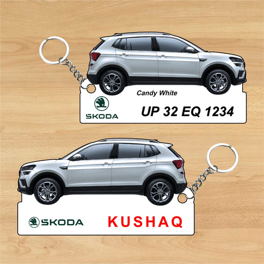 Kushaq - Personalized Skoda Car Keychain - Wood, Acrylic, Metal Printed