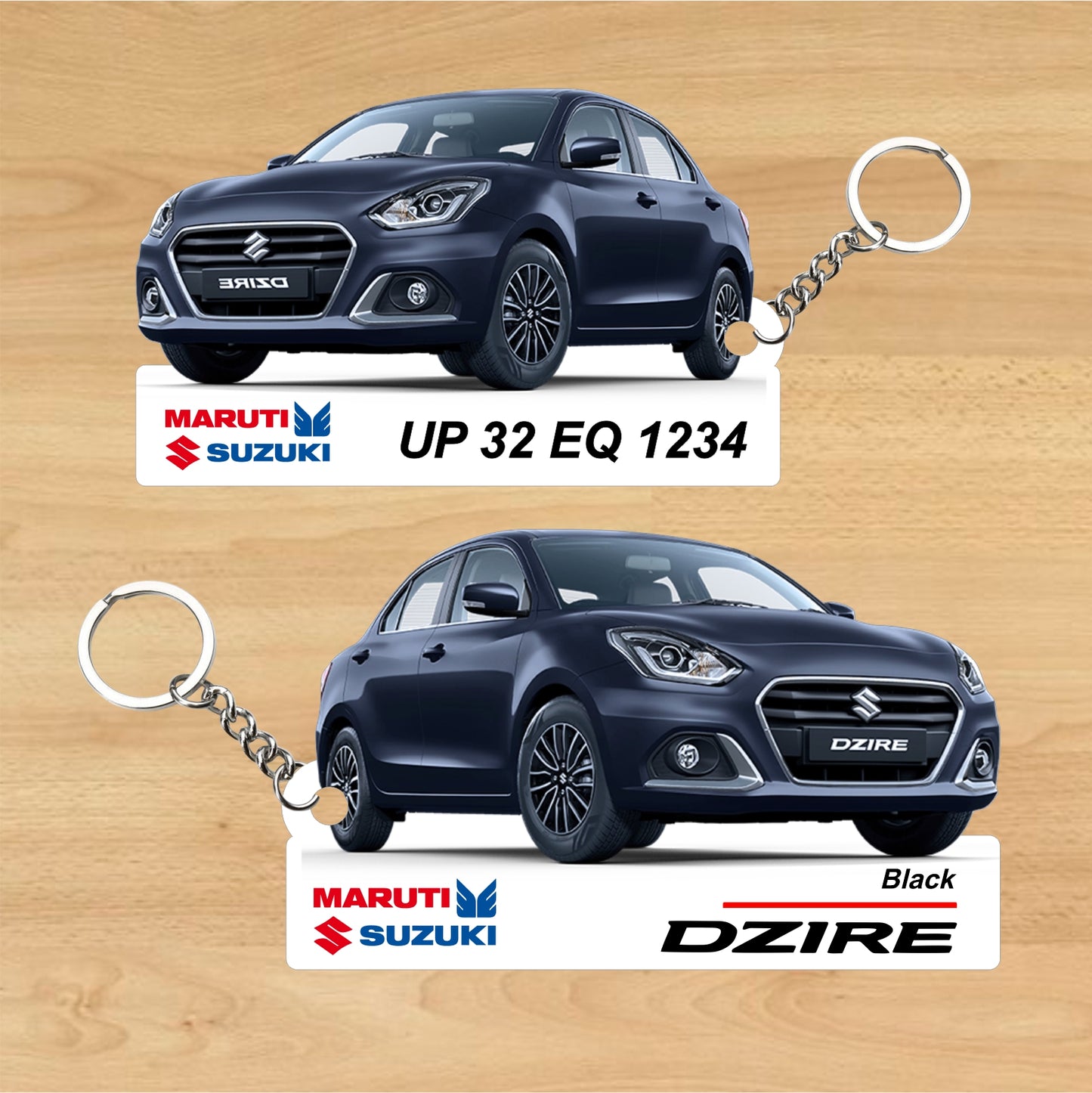Dzire - Personalized Maruti Suzuki Keychain - Wood, Acrylic, Metal Printed