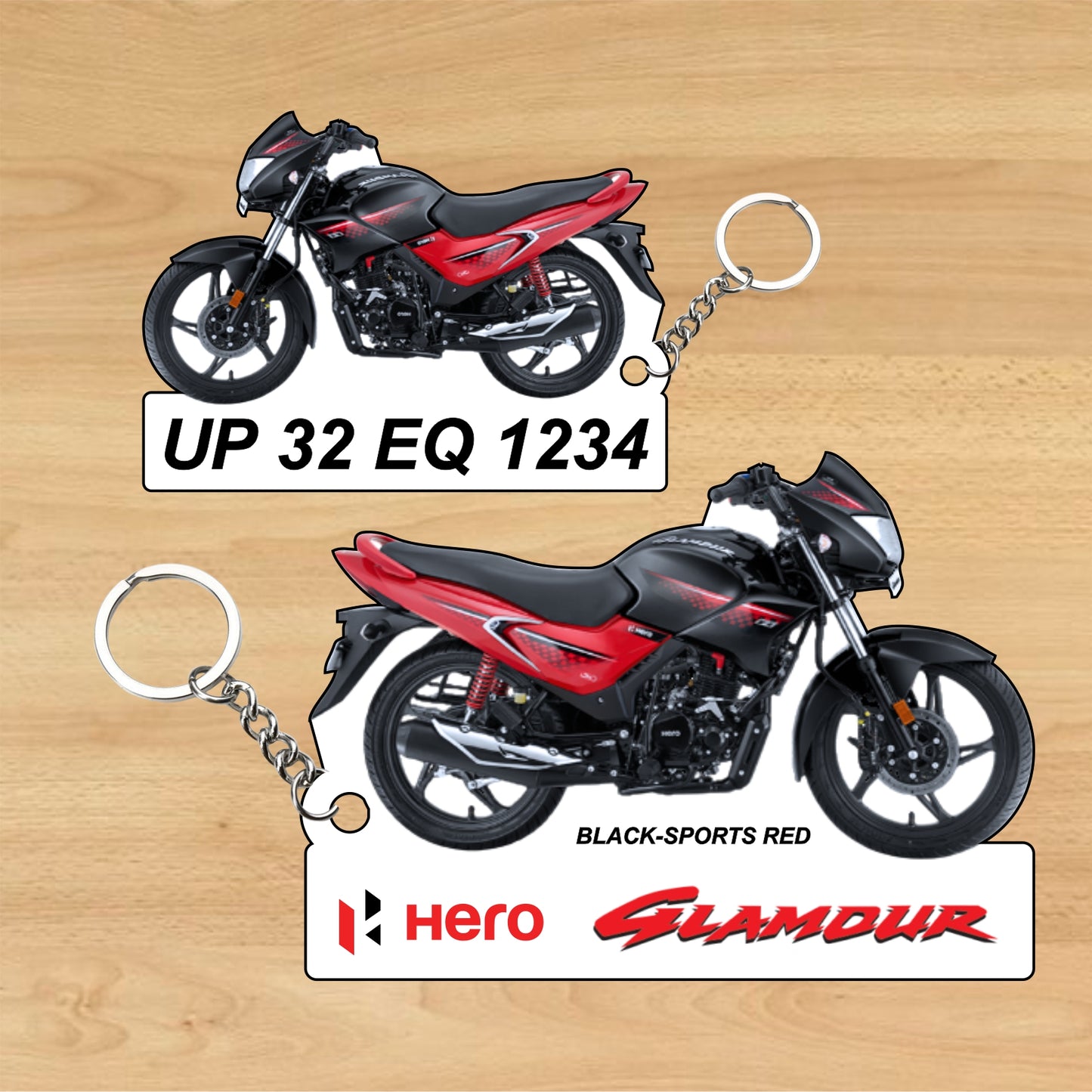 Hero Glamour 125cc - Personalized Hero Keychain - Wood, Acrylic, Metal Printed