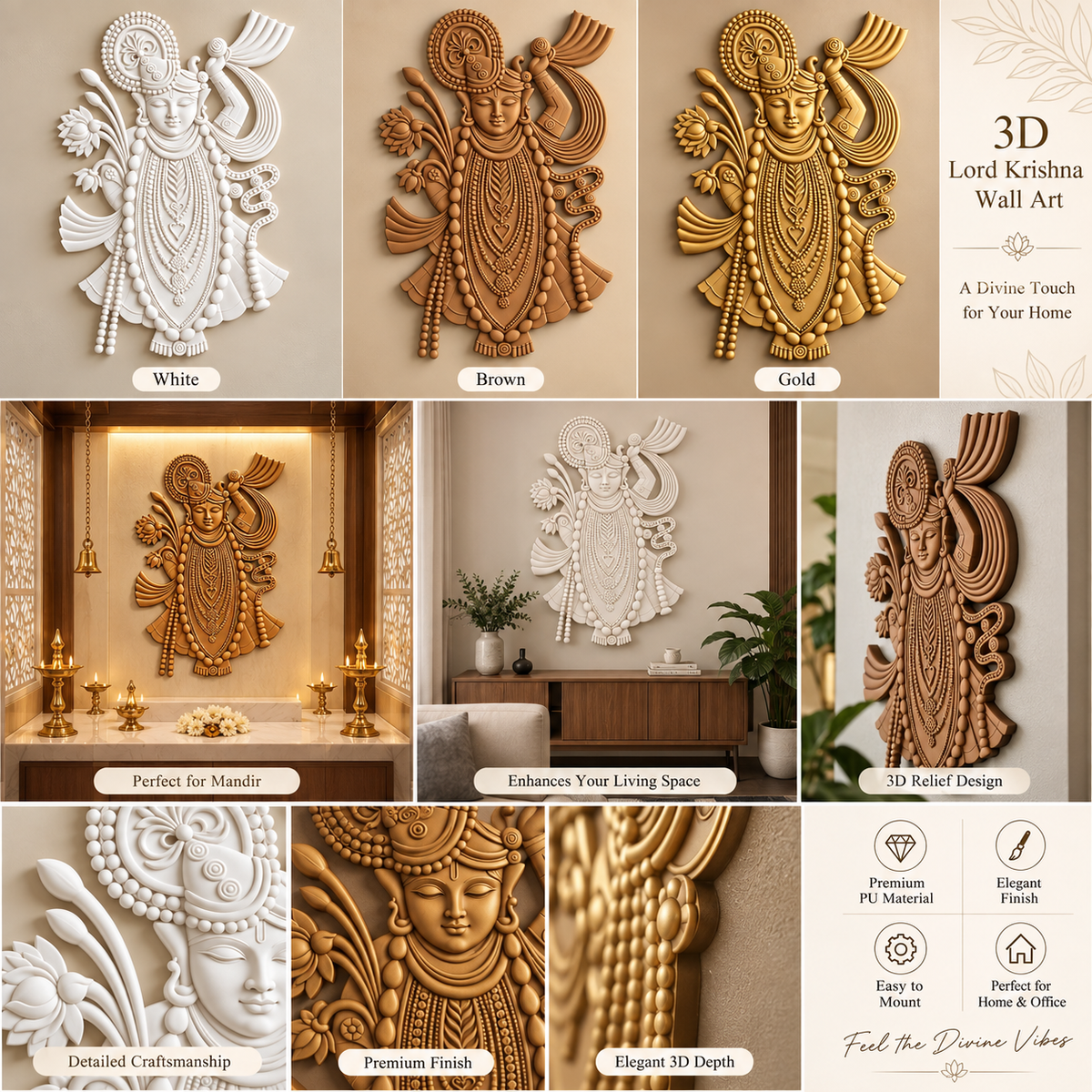 3D Lord Krishna wall art in white, brown and gold finishes installed in a mandir and on a living room wall