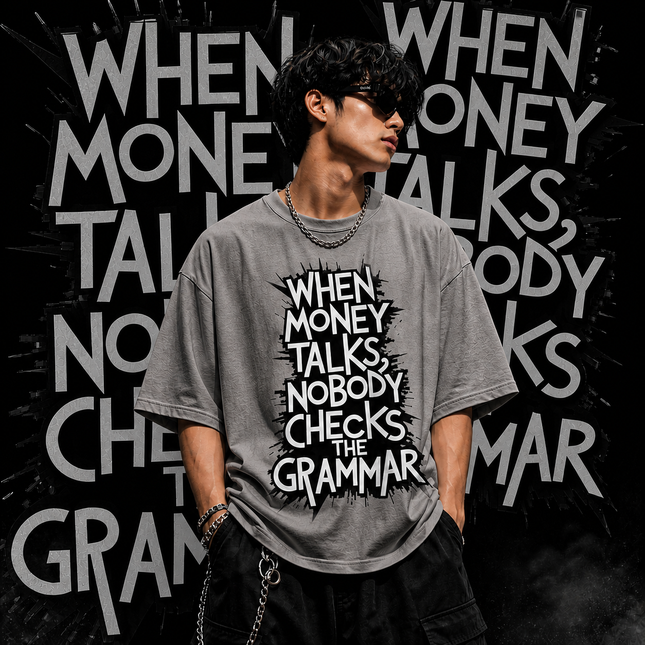 Money talks nobody checks the grammar | Oversized | Cotton Bio Wash - Graphic Printed T-shirt