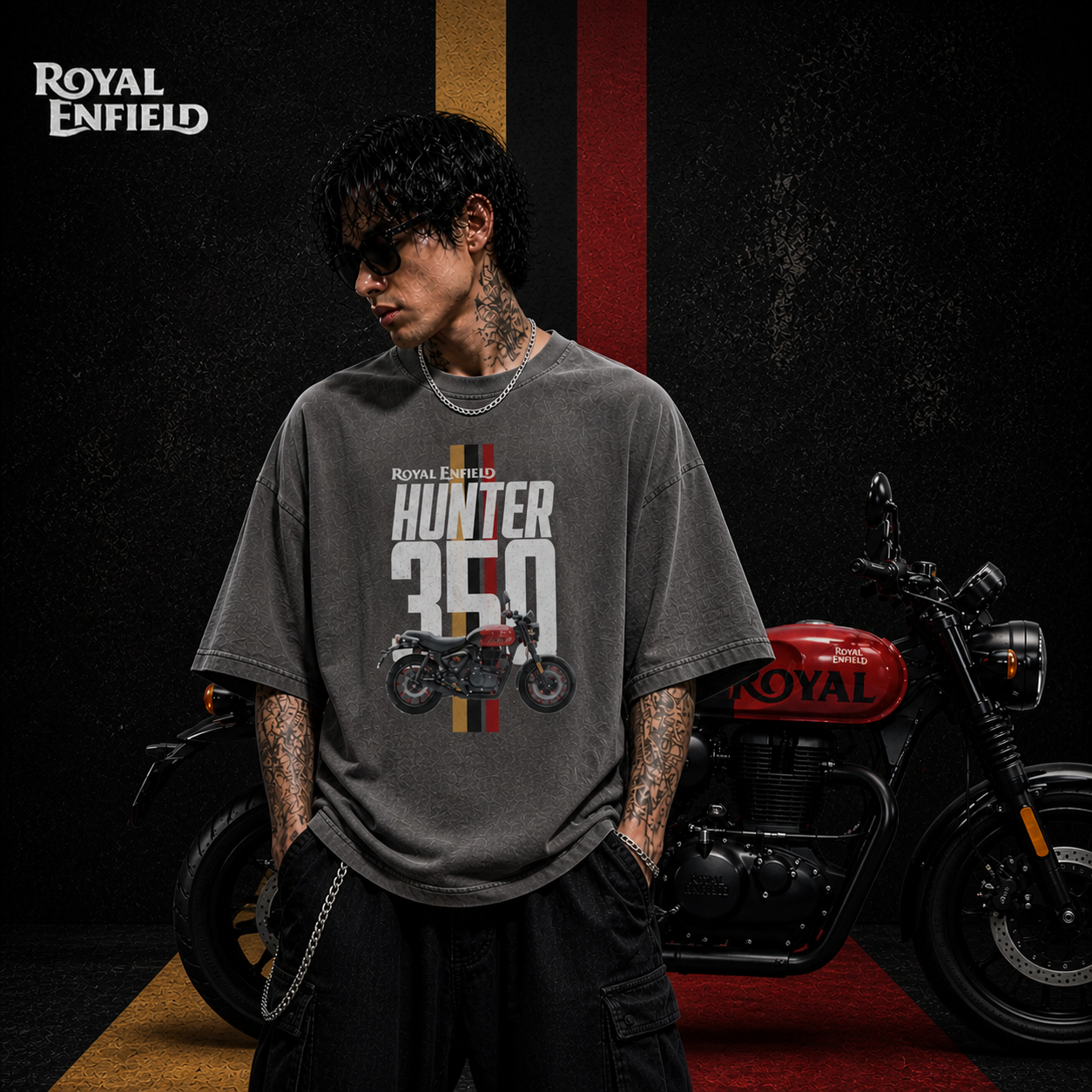 Hunter 350 - Rebel Red | Oversized | Cotton Bio Wash - Graphic Printed T-shirt