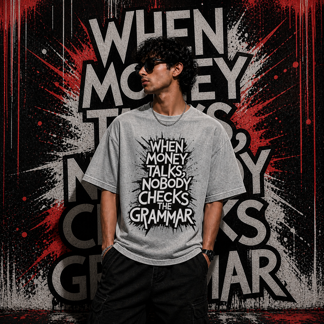 Money talks nobody checks the grammar | Cotton Bio Wash - Graphic Printed T-shirt