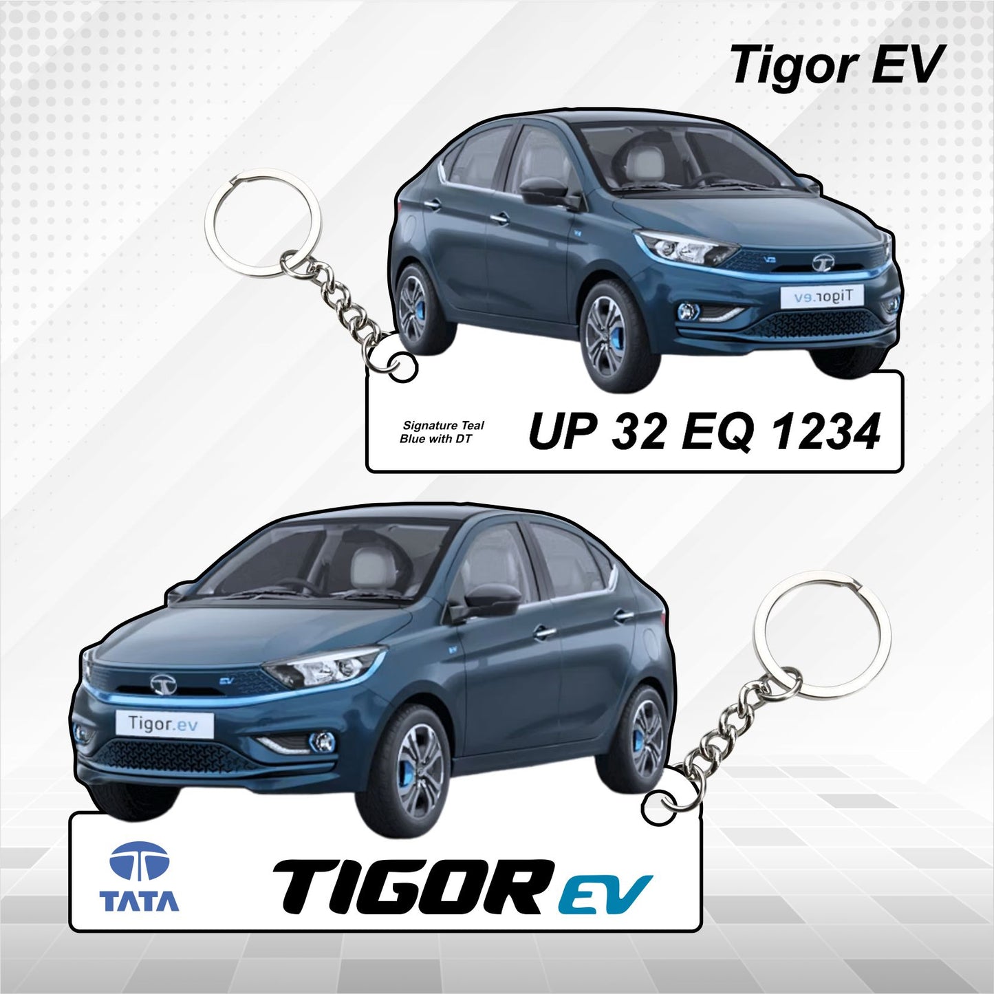 Tigor EV - Personalized Tata Electric Car Keychain - Wood, Acrylic, Metal Printed