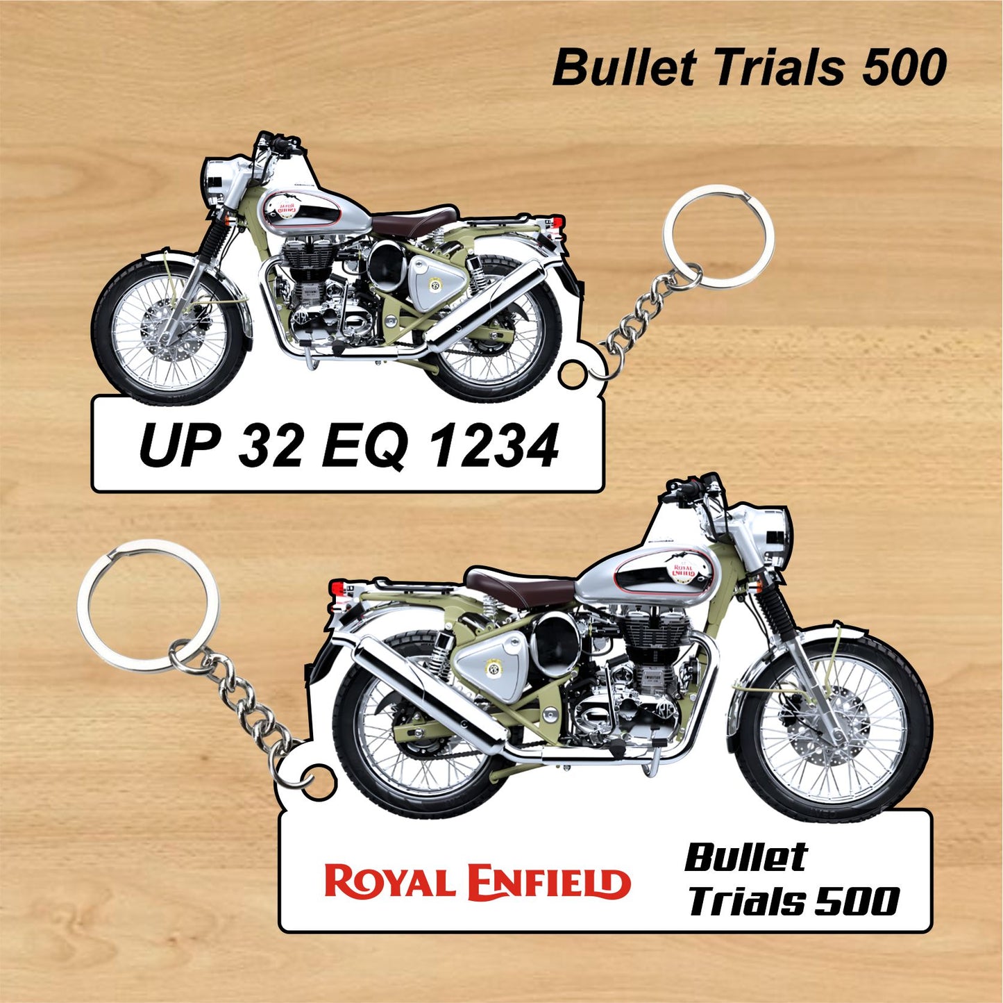 Bullet Trials 500 - Personalized Royal Enfield Keychain - Wood, Acrylic, Metal Printed