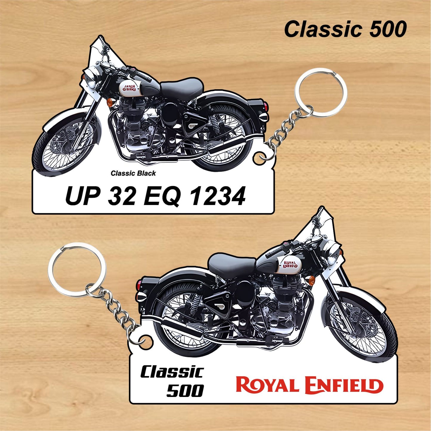 Classic 500 - Personalized Royal Enfield Keychain - Wood, Acrylic, Metal Printed