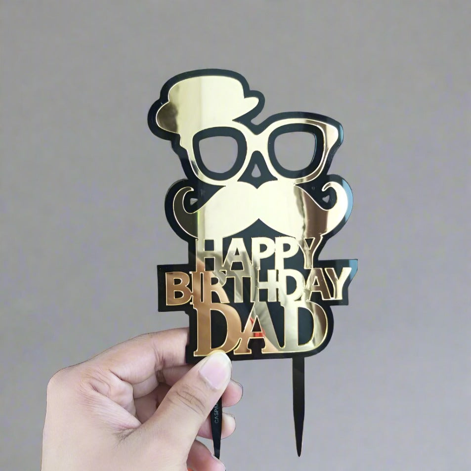 Customized Happy Birthday Dad Double layer Acrylic Cake Topper - Gold and Black - Birthday Cake Topper