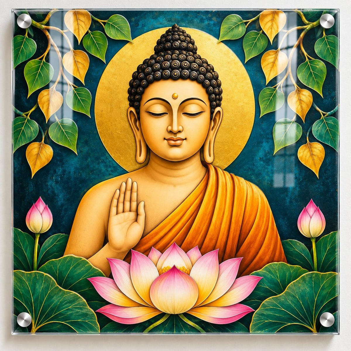 Buddha with Pink Lotus & Bodhi Leaves UV Printed Acrylic Wall Art - Design-AUV-7