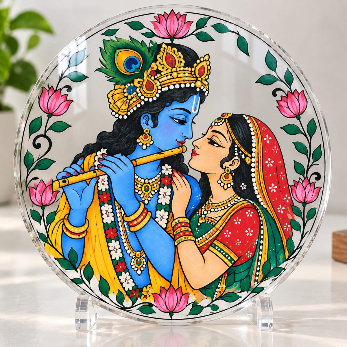 Radha Krishna Round UV Printed Acrylic Plate with Stand