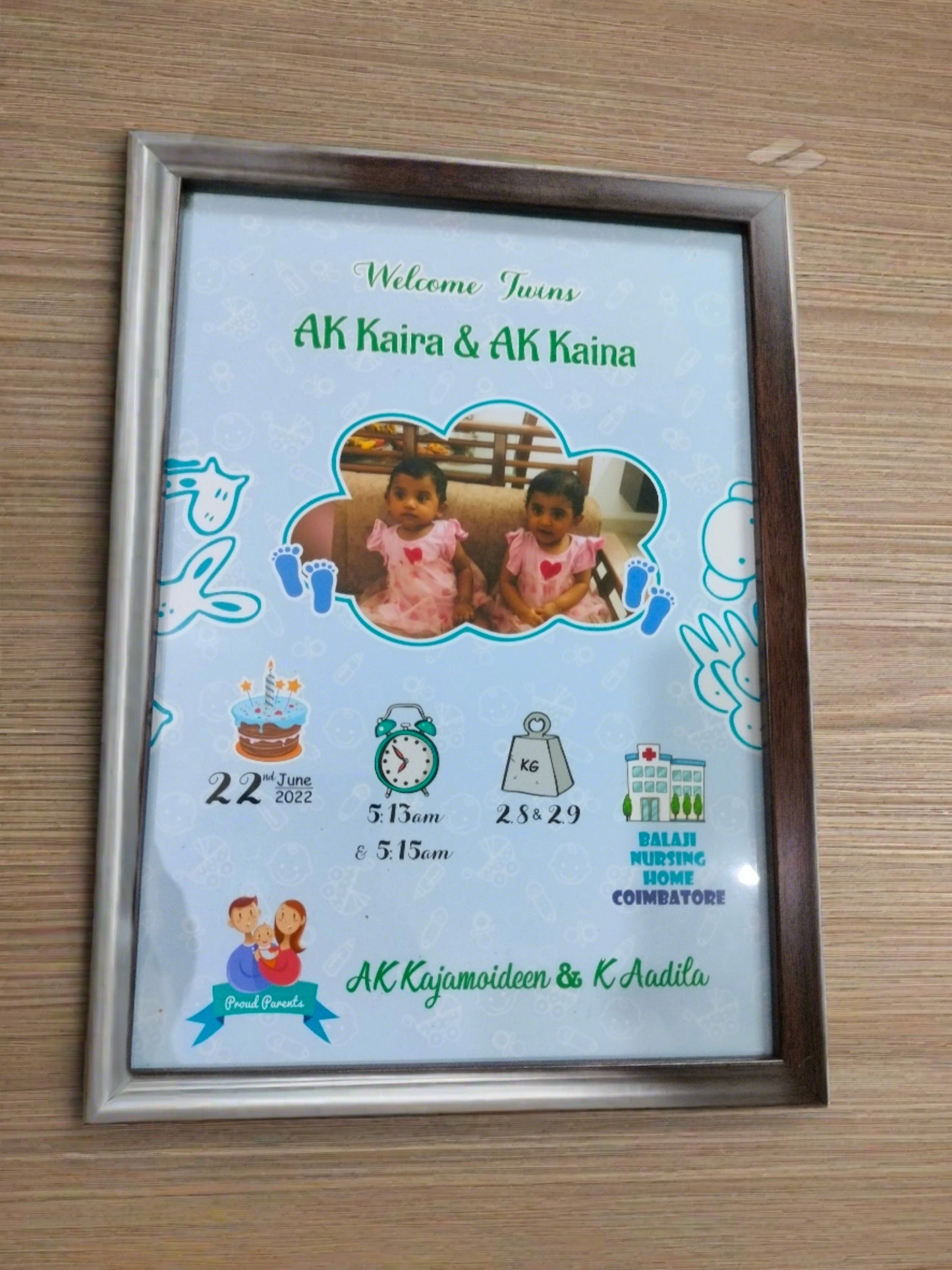 Customized Baby Twins Birth Certificate Stats Wall Frame