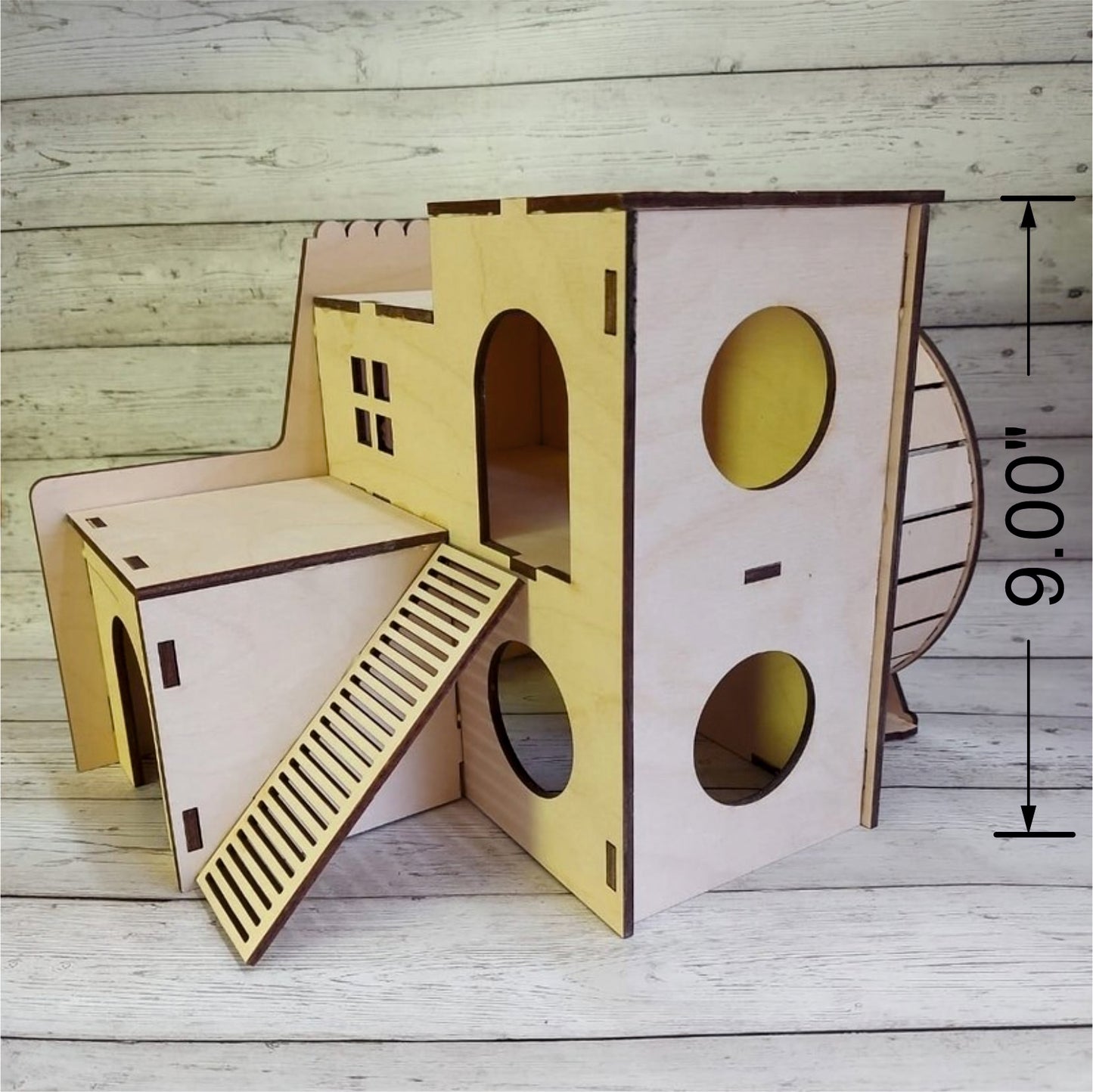 Wooden Hamster House with Exercise Wheel | DIY Small Pet Habitat | 2.5mm Pine MDF