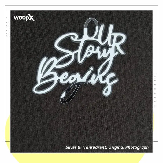 Our Story Begins Two Layer Acrylic Cake Topper - Transparent & Silver - Engagement - Wedding Cake Topper