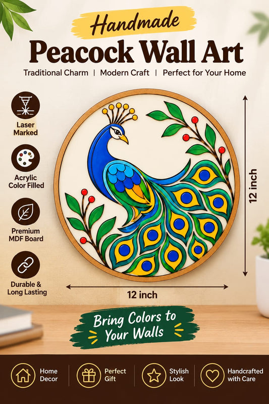 Peacock & Feathers Round MDF Wall Art – DIY Craft Kit (Pre-Marked)