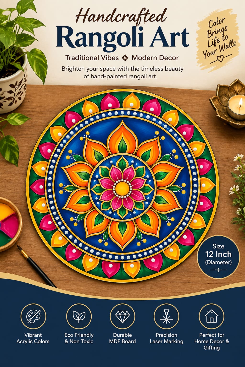 Floral Mandala with Petal Crown Border Round MDF Wall Art – DIY Craft Kit (Pre-Marked)
