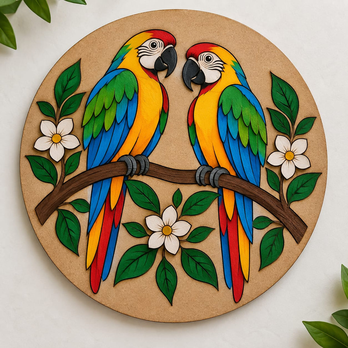 Love Parrots on Branch Round MDF Wall Art – DIY Craft Kit (Pre-Marked)