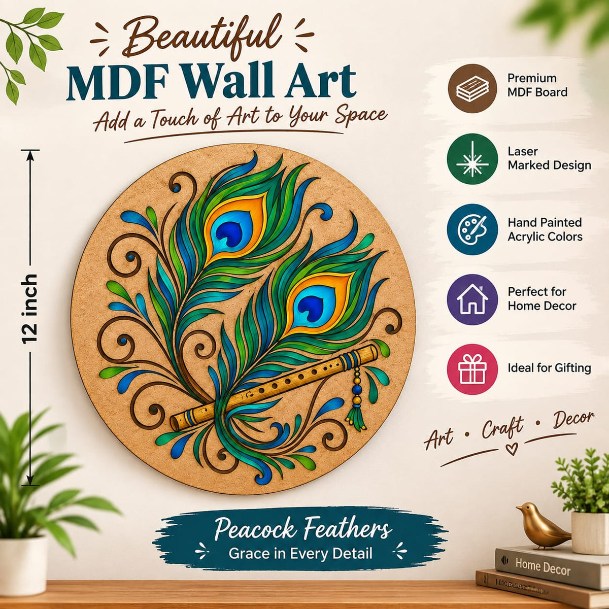 Krishna Peacock Feather & Bansuri Round MDF Wall Art – DIY Craft Kit (Pre-Marked)