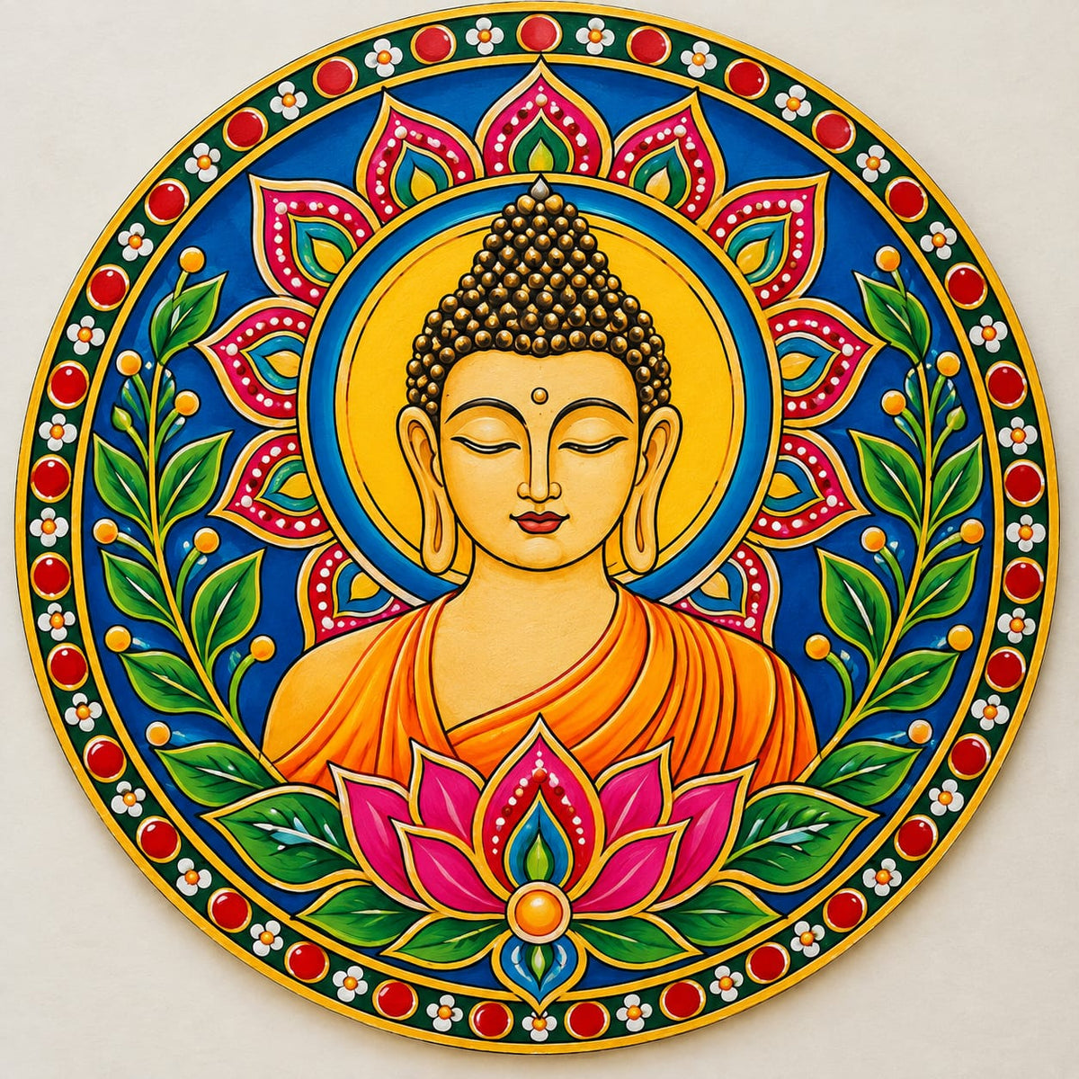 DIY MDF Art Kit – Meditating Buddha & Lotus Pre-Marked Round Board with Acrylic Colors & Brushes