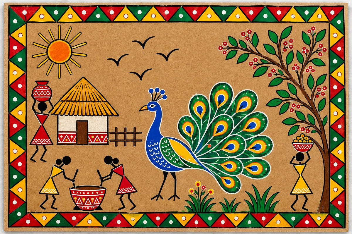 DIY MDF Art Kit – Warli Art Village Scene Pre-Marked Rectangular MDF Board with Acrylic Colors & Brushes