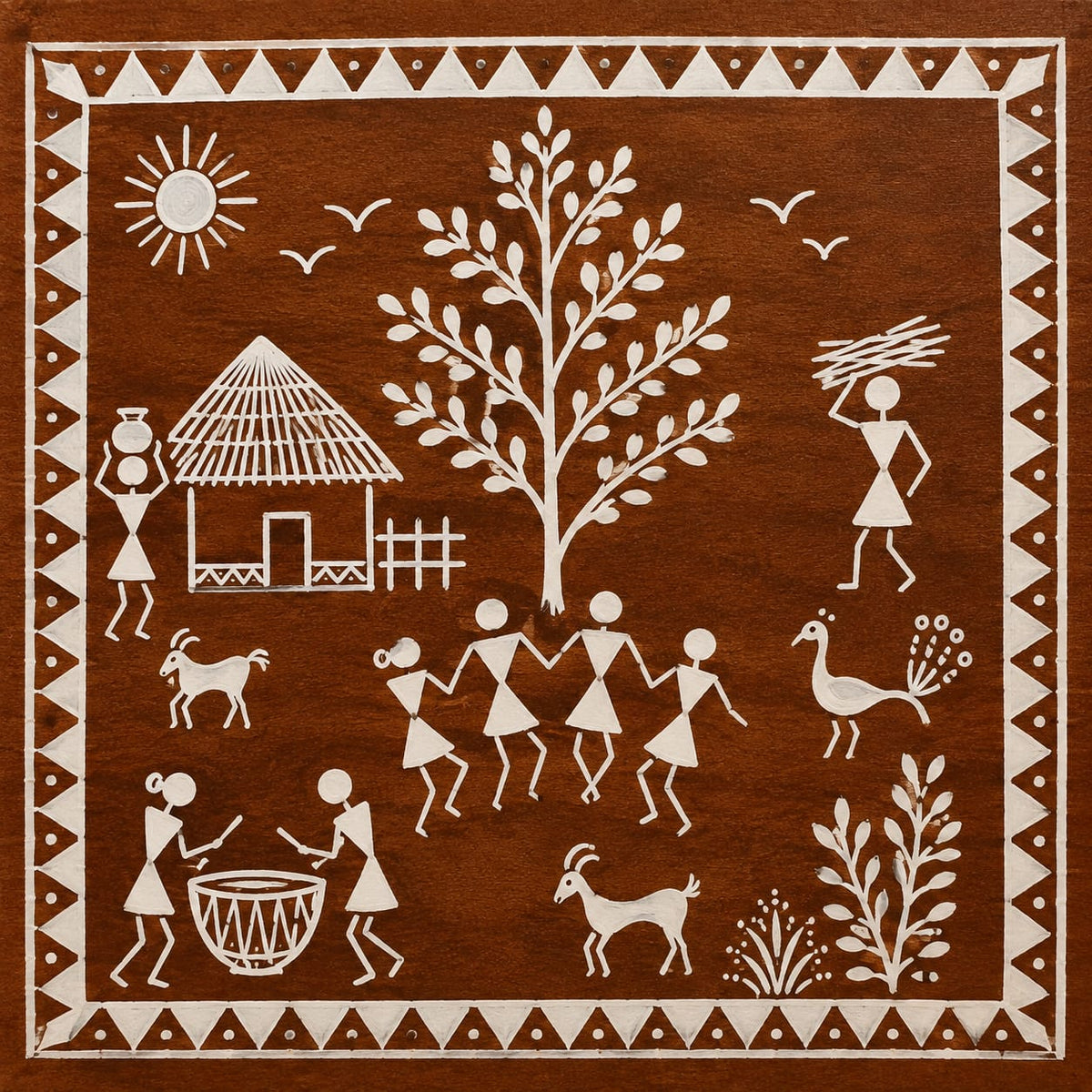 DIY MDF Art Kit – Warli Art Village Celebration Pre-Marked Square MDF Board with Acrylic Colors & Brushes