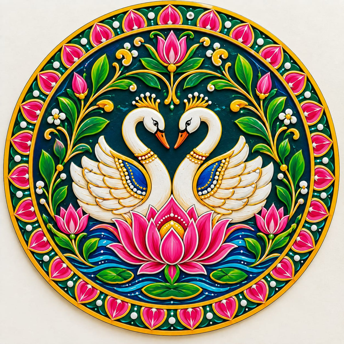 DIY MDF Art Kit – Love Swans & Lotus Folk Art Pre-Marked Round Board with Acrylic Colors & Brushes