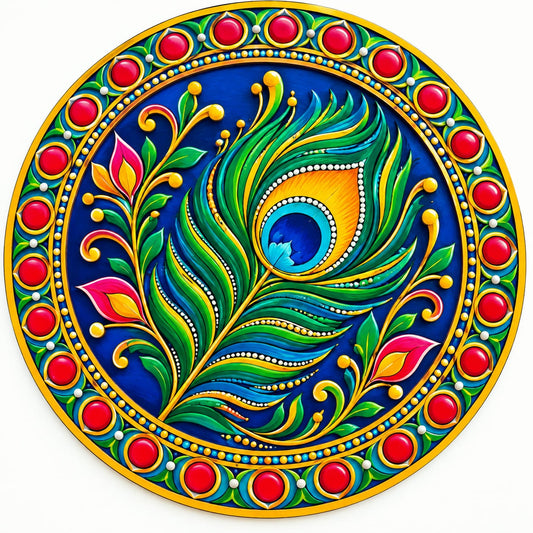 DIY MDF Art Kit – Krishna's Peacock Feather Folk Art Pre-Marked Round Board with Acrylic Colors & Brushes