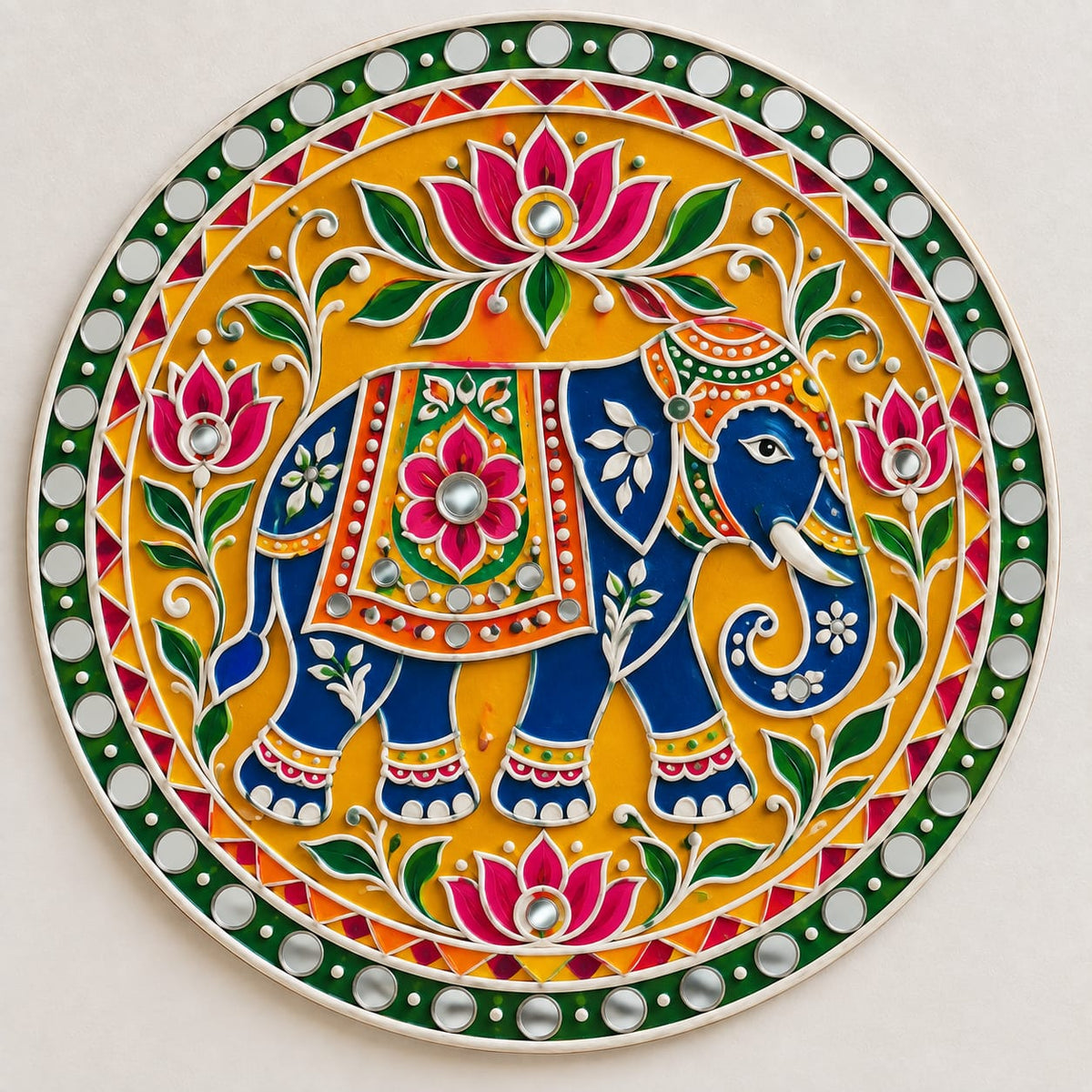 DIY MDF Art Kit – Royal Decorated Elephant Folk Art Pre-Marked Round Board with Acrylic Colors & Brushes