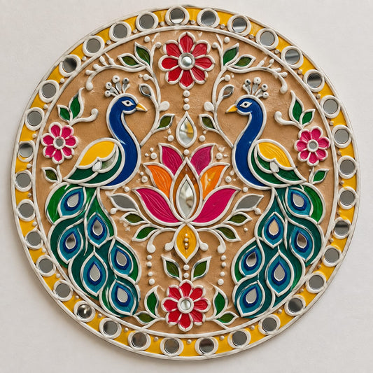 DIY MDF Art Kit – Twin Peacocks & Lotus Folk Art Pre-Marked Round Board with Acrylic Colors & Brushes