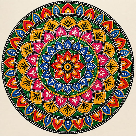 DIY MDF Art Kit – Lotus Mandala Pre-Marked Round Board with Acrylic Colors & Brushes