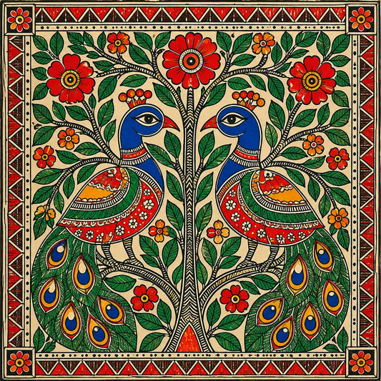 DIY MDF Art Kit – Madhubani Twin Peacocks Pre-Marked Round Board with Acrylic Colors & Brushes