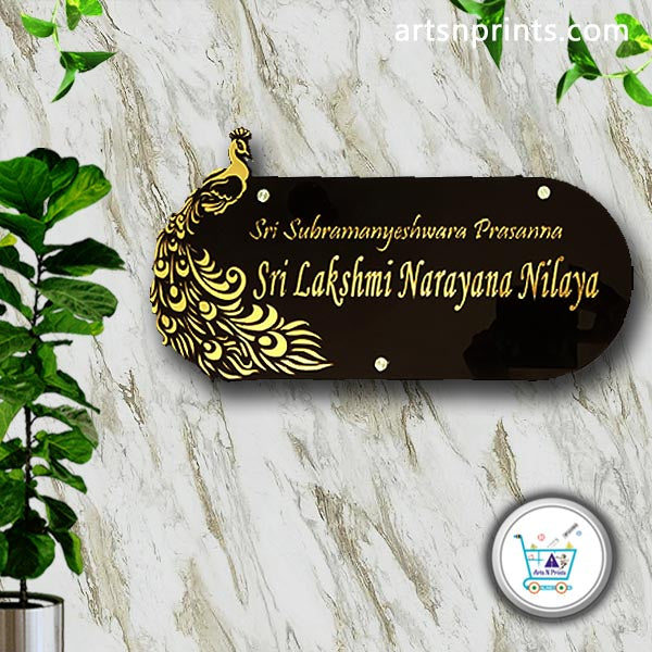 Personalized Black & Gold Peacock Name Plate - Black+Gold Acrylic
