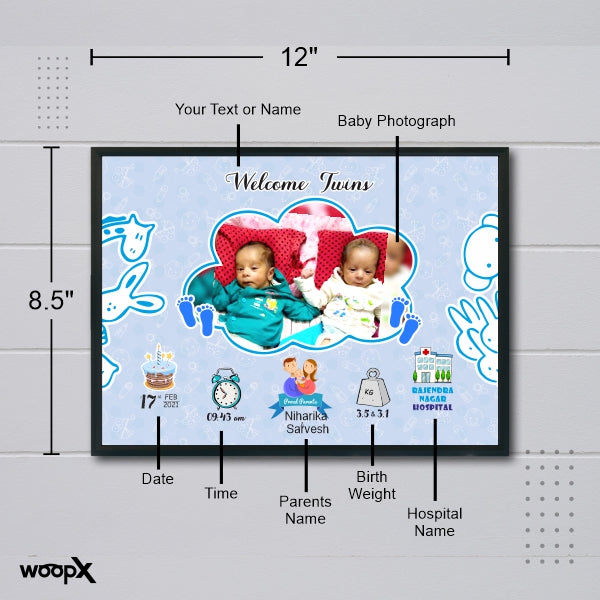 Customized Baby Twins Birth Certificate Stats Wall Frame