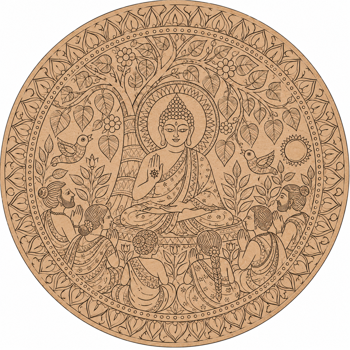 Pattachitra Buddha Under Bodhi Tree with Floral Garden & Devotees Engraved MDF Wall Art  - DIY - Pre-Marked MDF