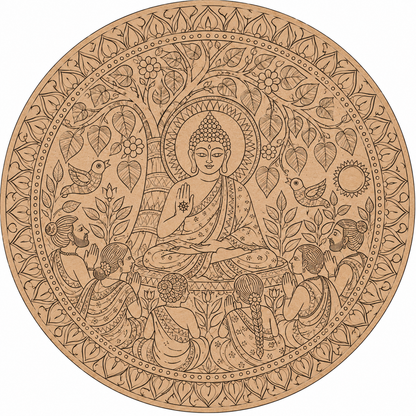 Pattachitra Buddha Under Bodhi Tree with Floral Garden & Devotees Engraved MDF Wall Art  - DIY - Pre-Marked MDF