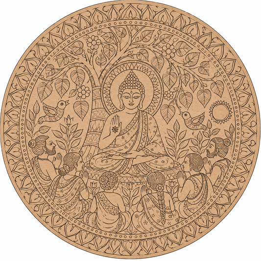 Pattachitra Buddha Under Bodhi Tree with Floral Garden & Devotees Engraved MDF Wall Art  - DIY - Pre-Marked MDF