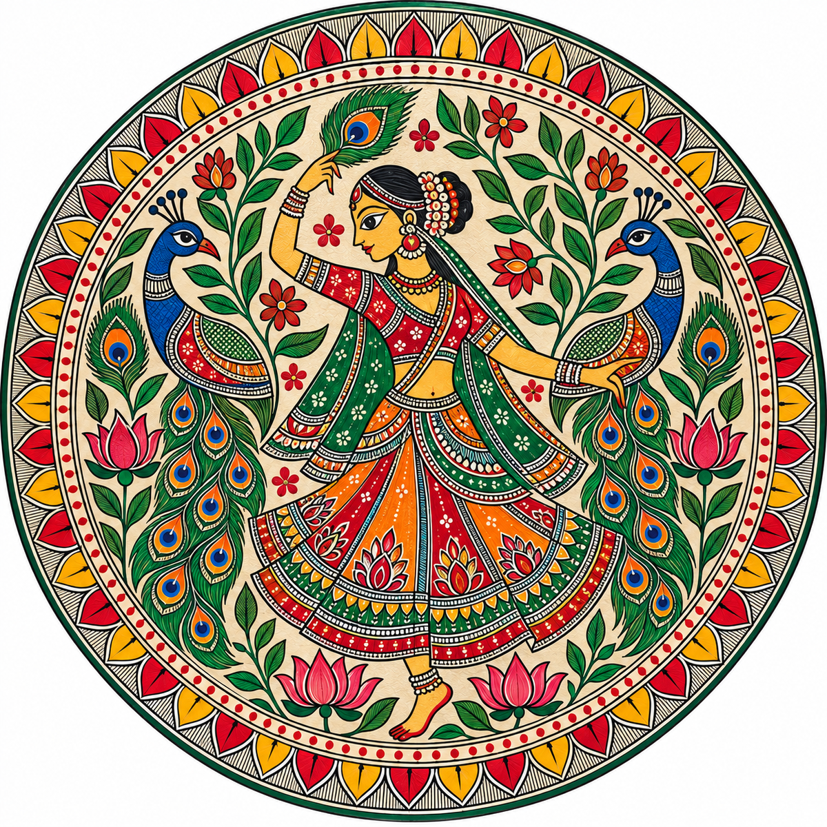 Madhubani Dancing Lady with Peacocks Engraved MDF Wall Art - DIY - Pre-Marked MDF