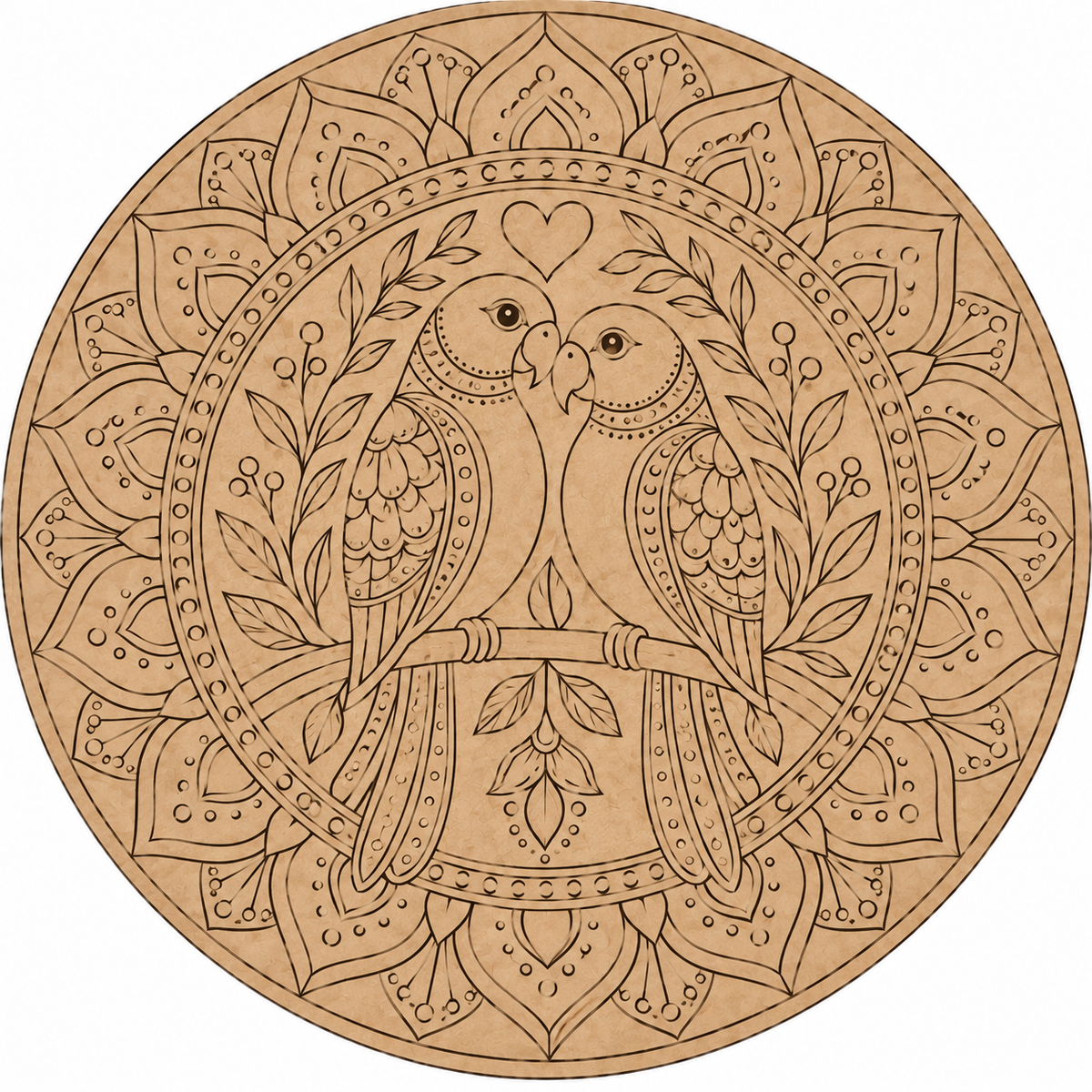 Pichwai Love Birds Parrot Couple with Full Mandala Background Engraved MDF Wall Art  - DIY - Pre-Marked MDF