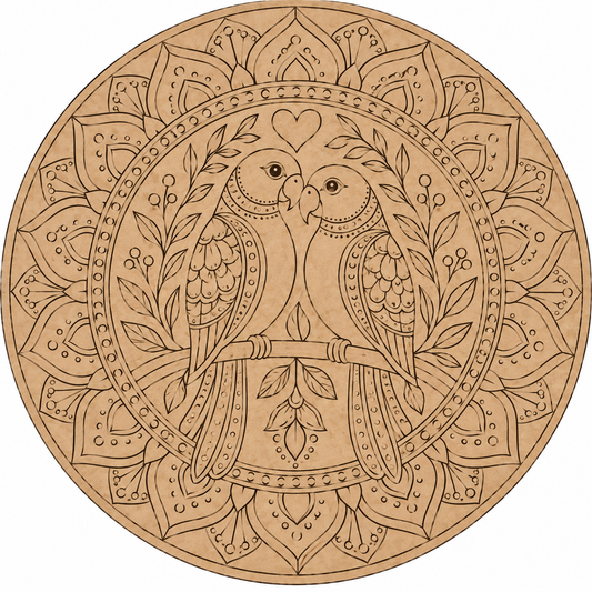 Pichwai Love Birds Parrot Couple with Full Mandala Background Engraved MDF Wall Art  - DIY - Pre-Marked MDF