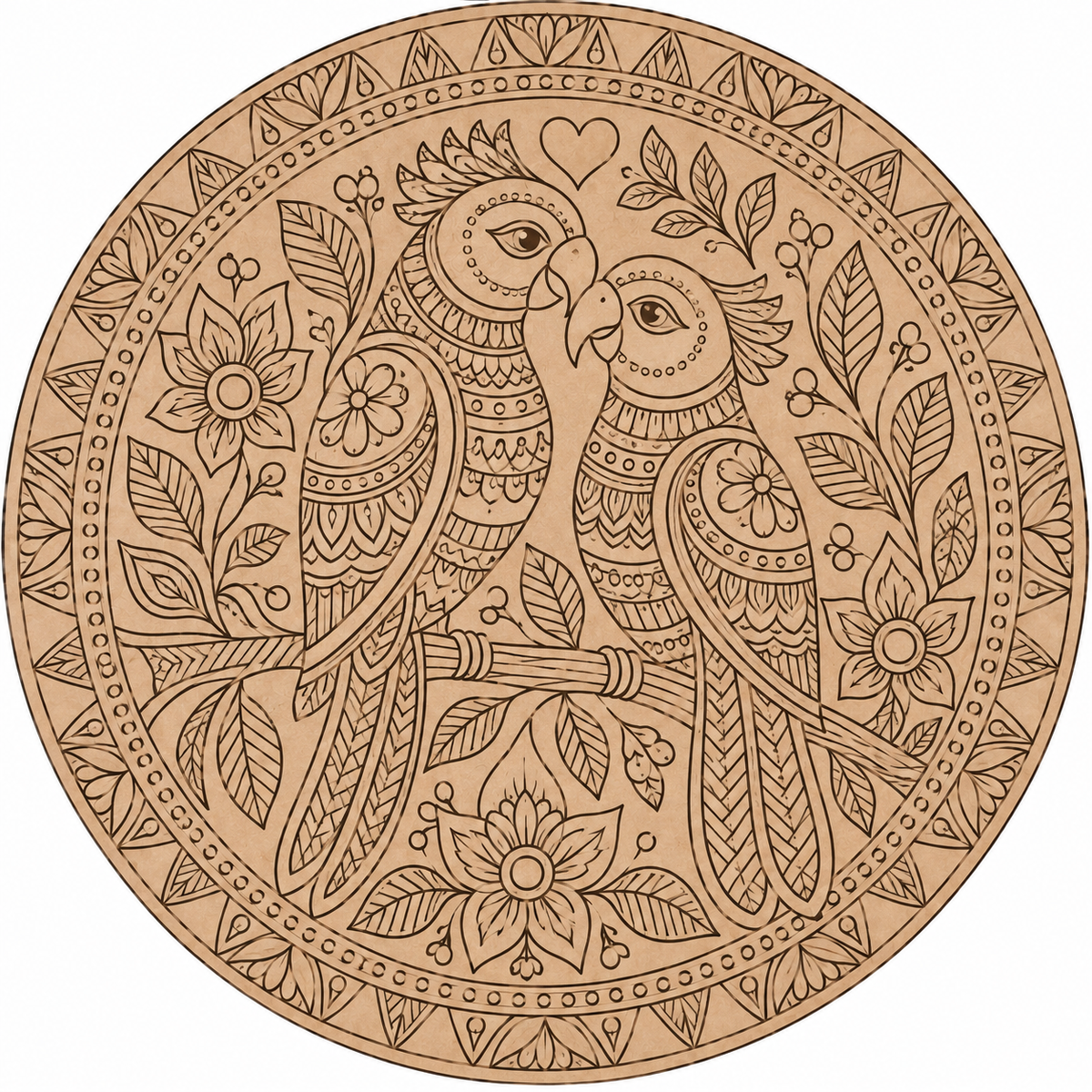 Kalamkari Love Birds Parrot Couple with Floral Mandala Engraved MDF Wall Art- - DIY - Pre-Marked MDF