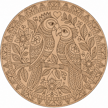 Kalamkari Love Birds Parrot Couple with Floral Mandala Engraved MDF Wall Art- - DIY - Pre-Marked MDF