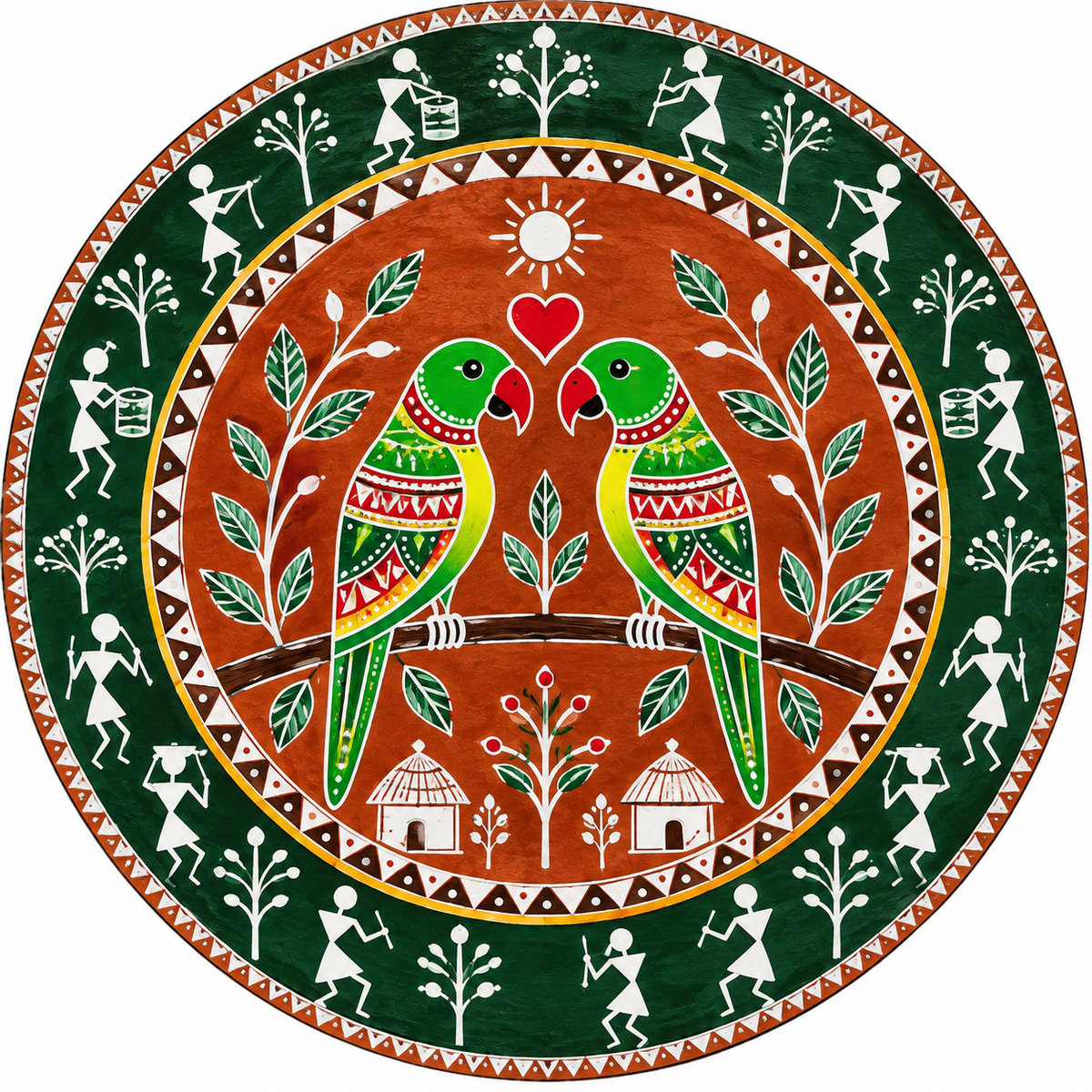 Warli Love Birds Parrot Couple with Village Life Engraved MDF Wall Art - DIY - Pre-Marked MDF