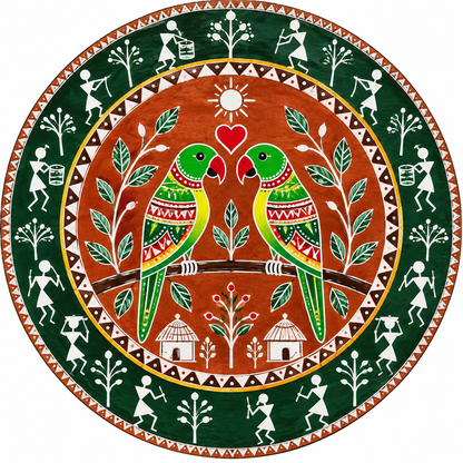 Warli Love Birds Parrot Couple with Village Life Engraved MDF Wall Art - DIY - Pre-Marked MDF