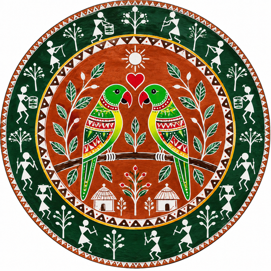 Warli Love Birds Parrot Couple with Village Life Engraved MDF Wall Art - DIY - Pre-Marked MDF