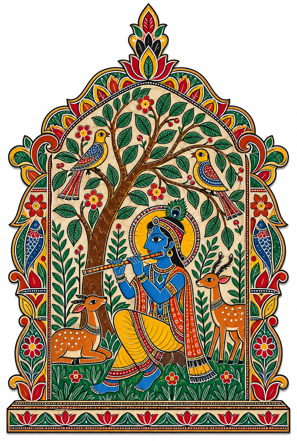 Madhubani Krishna Playing Flute in Vrindavan Jharokha with Fish Motif Engraved MDF Wall Art - DIY - Pre-Marked MDF