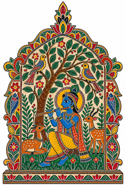 Madhubani Krishna Playing Flute in Vrindavan Jharokha with Fish Motif Engraved MDF Wall Art - DIY - Pre-Marked MDF