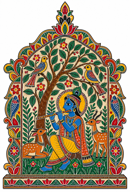 Madhubani Krishna Playing Flute in Vrindavan Jharokha with Fish Motif Engraved MDF Wall Art - DIY - Pre-Marked MDF