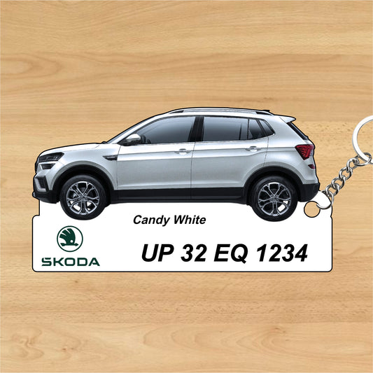 Kushaq - Personalized Skoda Car Keychain - Wood, Acrylic, Metal Printed