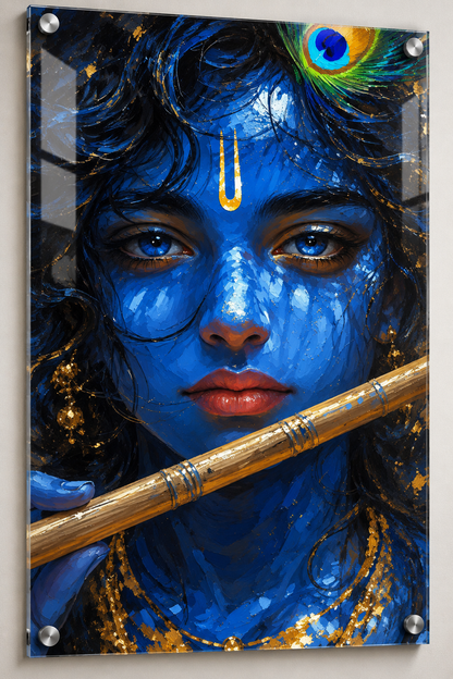 Lord Krishna Blue Portrait Flute Acrylic Wall Art