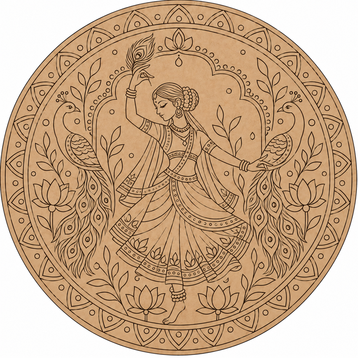 Dancing Lady with Peacocks Engraved MDF Wall Art  - DIY - Pre-Marked MDF